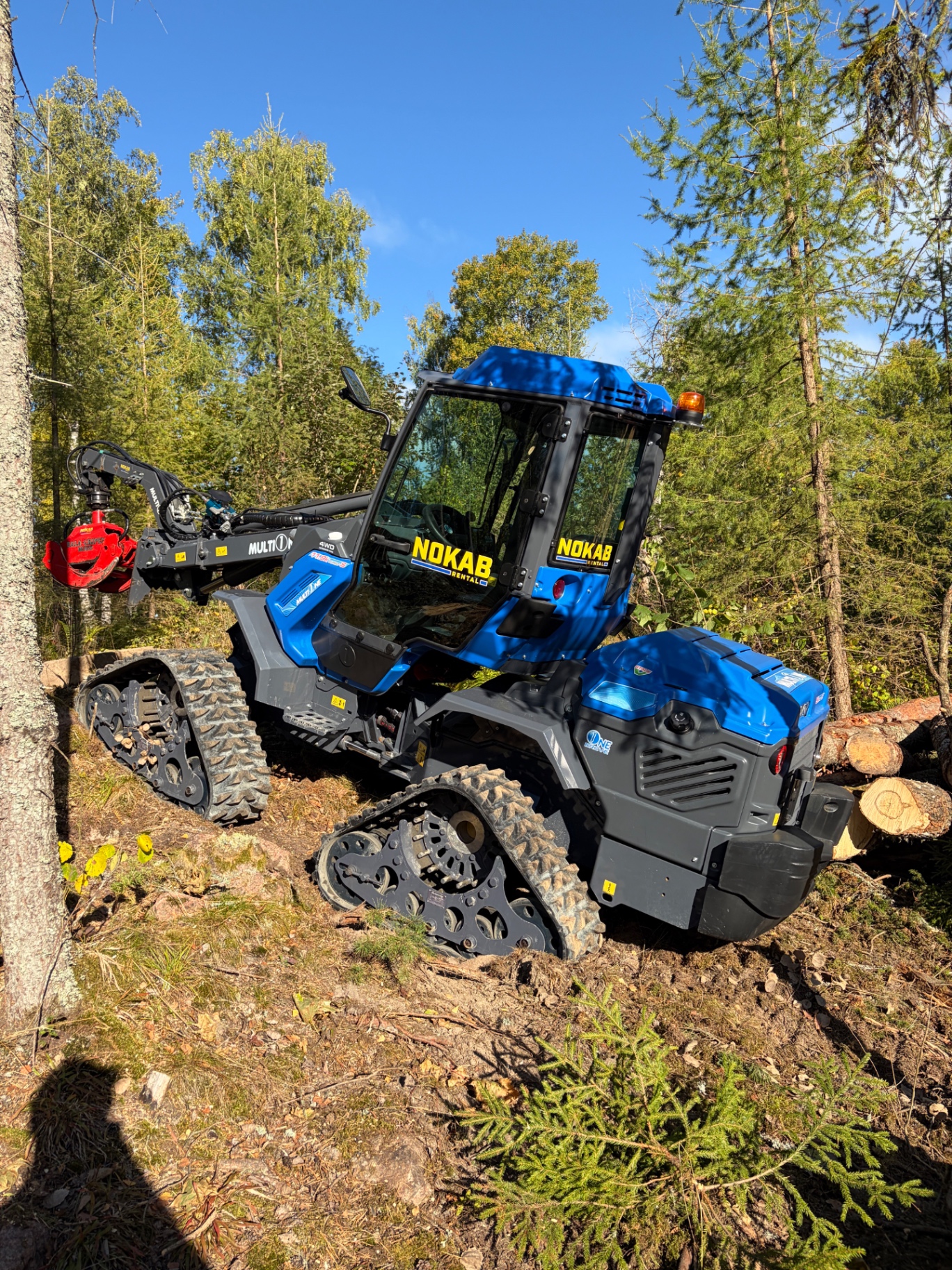Blå bandgående skogsmaskin med gripklo bland träden